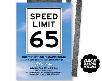 65th Birthday Invitation, Speed Limit 65, Adult Party Invitation, Personalized and Printable Party Invite, Road Sign Invite