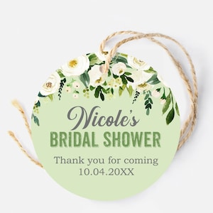 Etiquetas redondas florais, etiquetas personalizadas de agradecimento floral branco e menta, etiquetas redondas de aniversário, etiquetas redondas imprimíveis para chá de panela