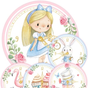 Alice In Wonderland Clocks, Instant Download, Wonderland Party Decorations, Mad Hatter Tea Party Decor, Onederland Party Decor