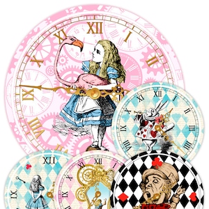 ALICE IN WONDERLAND Clocks, Printable Clock, Vintage Alice, Alice in Wonderland Party, Alice in Wonderland Decorations, Birthday Party Decor image 1