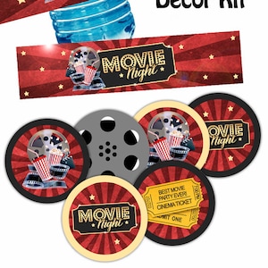 MOVIE NIGHT LABELS, Movie Night Decor Kit, Movie Night Toppers, Movie Night Food Tents, Movie Night Decorations, Hollywood, Instant Download