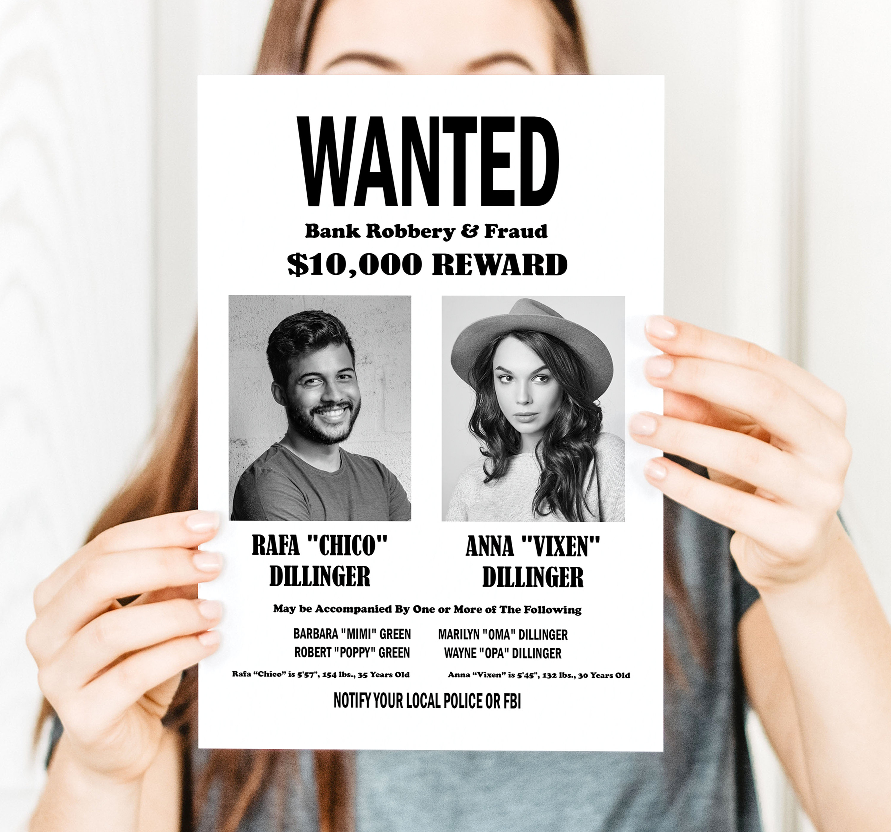 Wanted Poster Black and White Personalized, Digital Print, Custom Wanted  Poster for 1 or 2 People, Mafia Gangsters Decorations - Etsy, image size:3000x2800