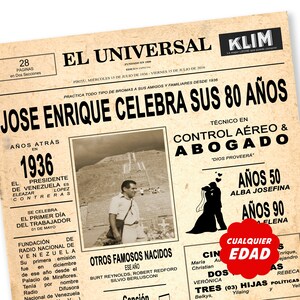 K&ouml;nnte beinhalten: Ein Plakat im Stil einer alten Zeitung, das den 80. Geburtstag einer Person feiert. Das Plakat zeigt ein Foto der Person, eine Schlagzeile mit dem Text "Jose Enrique feiert seinen 80. Geburtstag" und Details &uuml;ber das Leben der Person, darunter ihre Karriere als Fluglotse und Anwalt. Das Plakat enth&auml;lt auch einen Abschnitt &uuml;ber die Familie der Person, einschlie&szlig;lich seiner Frau und Kinder.