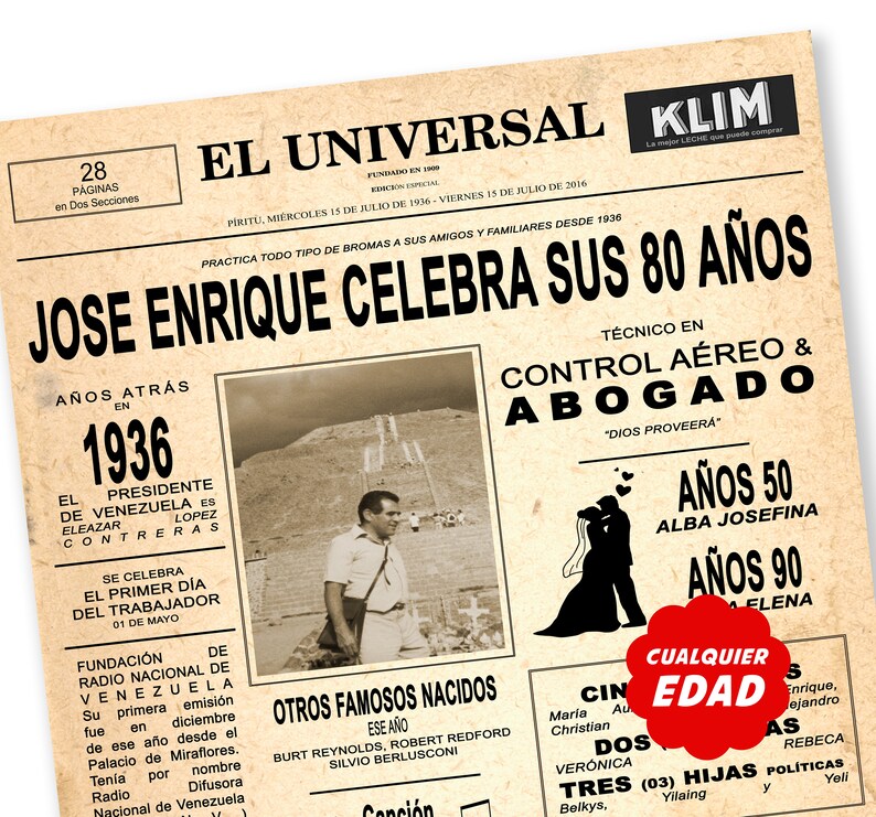 K&ouml;nnte beinhalten: Ein Plakat im Stil einer alten Zeitung, das den 80. Geburtstag einer Person feiert. Das Plakat zeigt ein Foto der Person, eine Schlagzeile mit dem Text "Jose Enrique feiert seinen 80. Geburtstag" und Details &uuml;ber das Leben der Person, darunter ihre Karriere als Fluglotse und Anwalt. Das Plakat enth&auml;lt auch einen Abschnitt &uuml;ber die Familie der Person, einschlie&szlig;lich seiner Frau und Kinder.