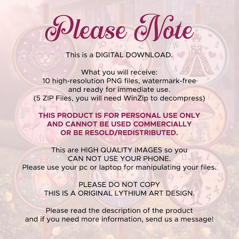 May include: Digital download featuring circular designs with Alice in Wonderland characters and clocks. Text includes "Please Note," "Digital Download," and usage instructions. The designs are in shades of pink, white, and brown.