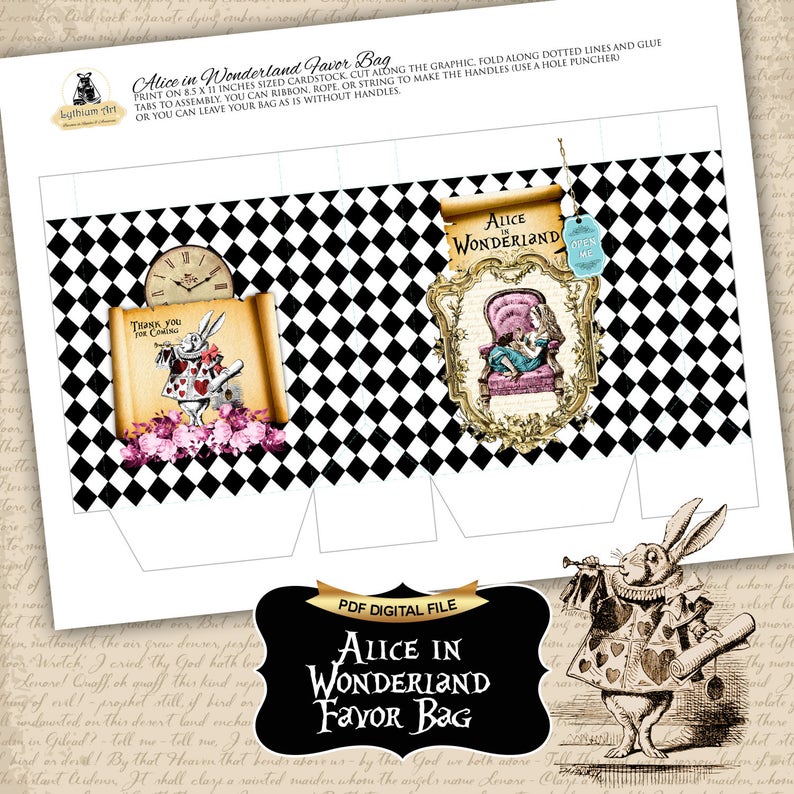 ALICE IN WONDERLAND Printable Bag, Wonderland Party Favors, Alice in Wonderland Party Decorations, Black White Checkered Party Bag image 5