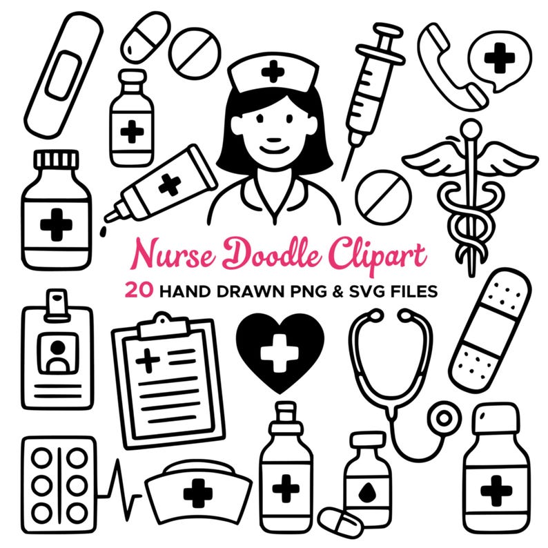 Nurse Doodle PNG SVG Clipart Bundle, 20 Medical Black and White ...