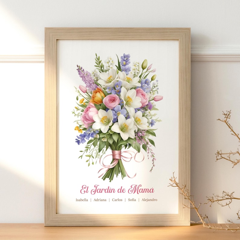 Personalized Mother day print featuring one beautiful spring flowers bouquet and the text: Mum´s Bouquet and their children´s names below.