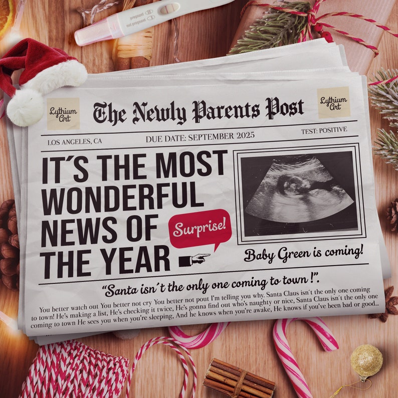 May include: A newspaper announcement with the headline "It's the most wonderful news of the year!" and a sonogram image. The text reads "Baby Green is coming!" and "Santa isn't the only one coming to town!"