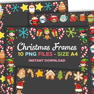 Puede incluir: Marcos digitales con temática navideña con un fondo gris oscuro. Los marcos presentan ilustraciones coloridas de elfos, bastones de caramelo, copos de nieve, casas de jengibre y tazas de chocolate caliente. El texto de la imagen dice "Christmas Frames" y "10 PNG FILES - SIZE A4".