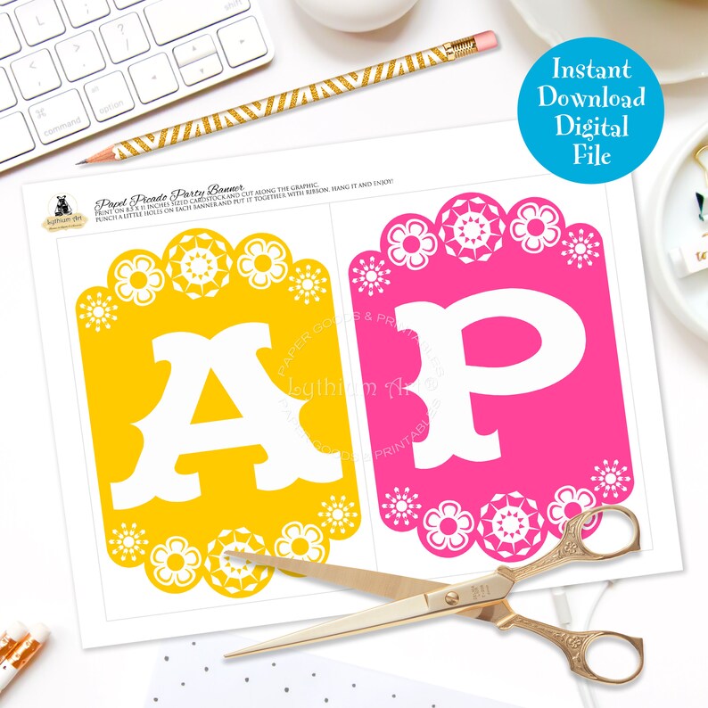 May include: Printable fiesta party banner with the letters "AP" in white on a yellow and pink background. The letters are surrounded by a decorative border of white flowers.