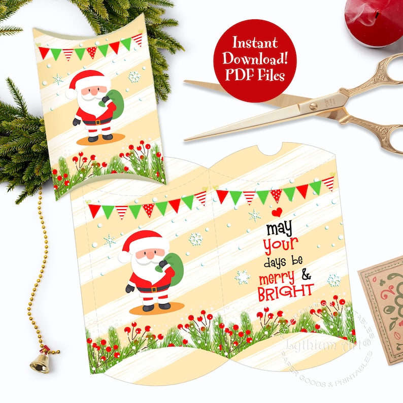 Christmas Packaging Pillow Boxes Template INSTANT DOWNLOAD Xmas Gifts Christmas Printable Boxes Cute Santa Gift Box Christmas Boxes