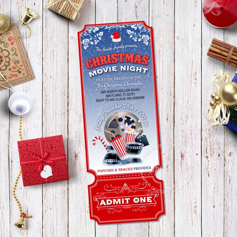 christmas movie night invitation printable ticket movie etsy