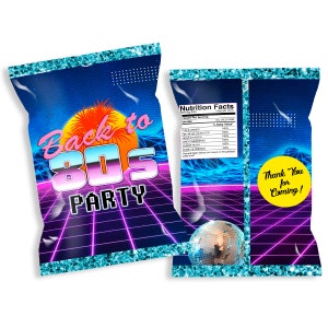 May include: A blue and purple party favor bag with a retro 80s design. The bag features a sunset, a grid pattern, and the text "Back to 80s Party". A yellow circle with the text "Thank You for Coming!" is on the right side of the bag.