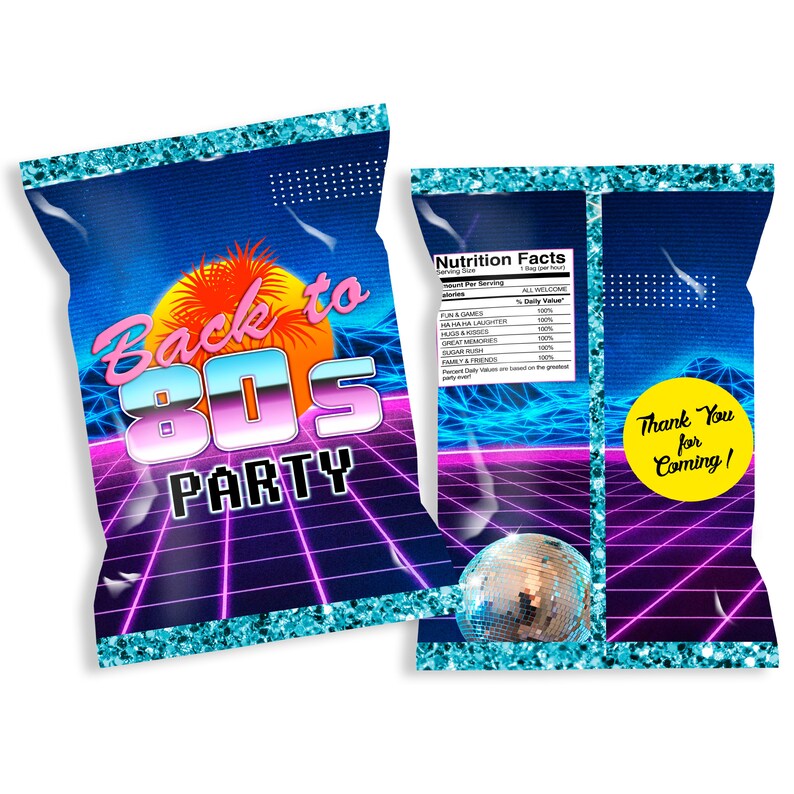May include: A blue and purple party favor bag with a retro 80s design. The bag features a sunset, a grid pattern, and the text "Back to 80s Party". A yellow circle with the text "Thank You for Coming!" is on the right side of the bag.