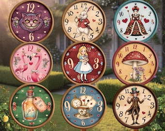 Alice in Wonderland Clock Bundle, PNG Printable Storybook Style Party Signs, Retro Vintage Decor