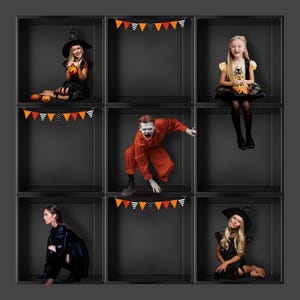 Puede incluir: Una cuadrícula de nueve cuadrados negros, cada uno con una persona disfrazada para Halloween. Los disfraces incluyen una bruja, un payaso y una niña con un diseño de gato. Banderines naranjas y blancos decoran algunos cuadrados. El fondo es gris liso.