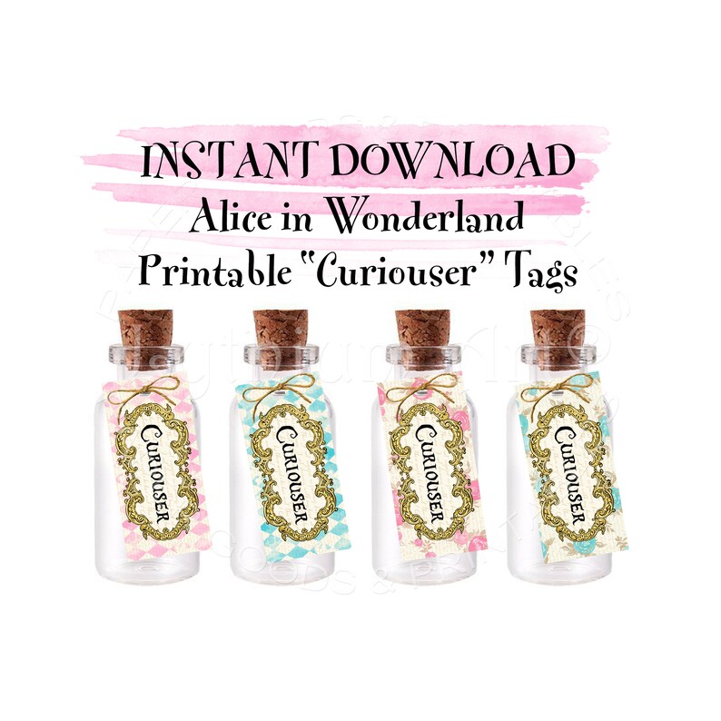 Curiouser Mini Tags INSTANT DOWNLOAD Alice in Wonderland Tags Wonderland Birthday Party Mad Hatter Tea Party Decorations