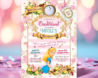 Alice in Onederland Invitation, Girls 1st Birthday Invite for Wonderland Party