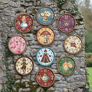 May include: A collection of nine round clocks with wooden frames, each featuring a different illustration from Alice in Wonderland. The clocks are mounted on a stone wall, showcasing characters like Alice, the Cheshire Cat, and the Mad Hatter.