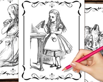 May include: Black and white illustration of Alice from Alice in Wonderland holding a bottle that says "Drink Me" and a bowl. She is standing next to a table with a single leg.