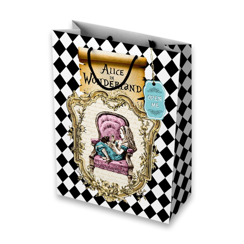 ALICE IN WONDERLAND Printable Bag, Wonderland Party Favors, Alice in Wonderland Party Decorations, Black White Checkered Party Bag image 1