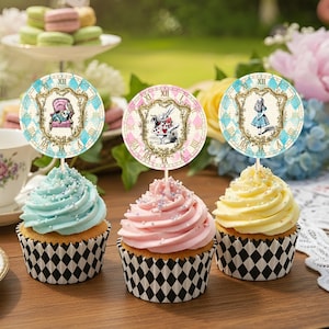 Alice In Wonderland Vintage Cupcake Toppers, 6 Printable Round Labels, Instant Download, Wonderland Party Decorations, Mad Hatter Tea Party image 3