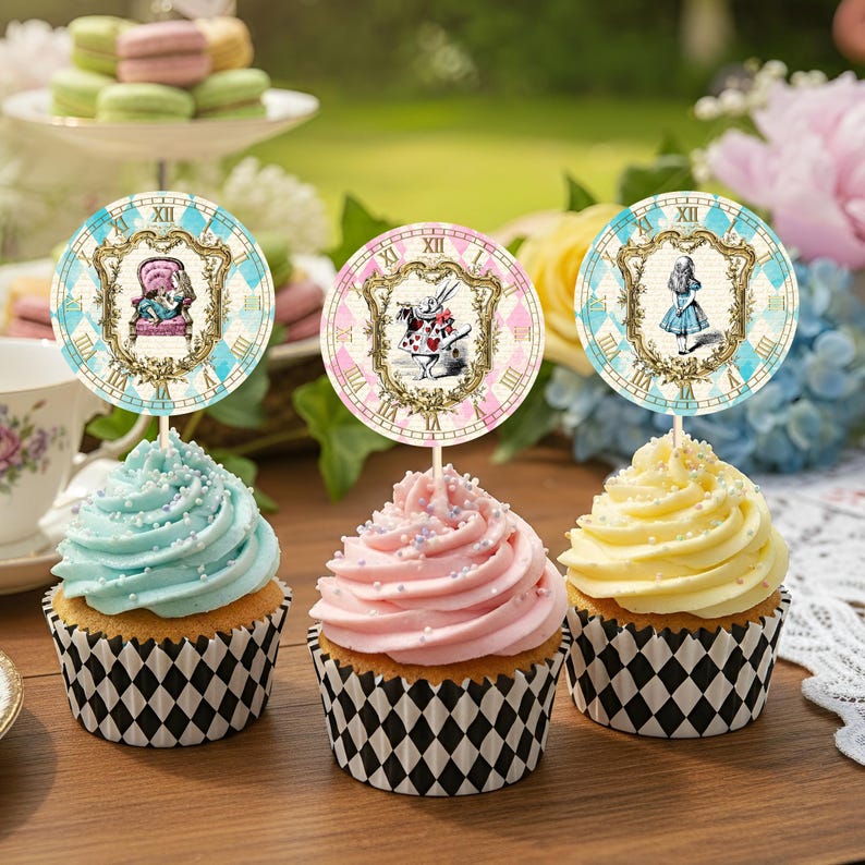 Alice In Wonderland Vintage Cupcake Toppers, 6 Printable Round Labels, Instant Download, Wonderland Party Decorations, Mad Hatter Tea Party image 3