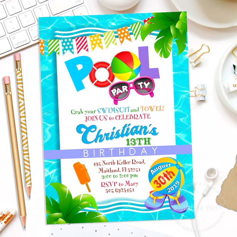 May include: Pool party invitation with a blue and white water background. The invitation says "Pool Party" with a colorful beach ball, sunglasses, and a life preserver. The text also says "Grab your swimsuit and towel! Join us to celebrate Christian's 13th Birthday." The invitation includes the date, time, address, and RSVP information.