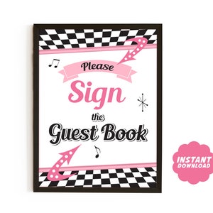 Sign the Guest Book Party Sign, 50s Sock Hop Party Decor, Pink Retro Printable Sign, 1950s Birthday Party Decor, Diner Sign Instant Download