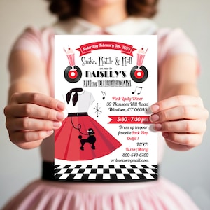 50's Sock Hop Invitation, 50's Party Digital Invite + Back Design + Thank You Card