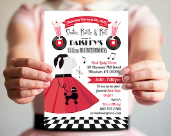 50's Sock Hop-uitnodiging, 50's Party Digitale Uitnodiging + Achterkantontwerp + Bedankkaart