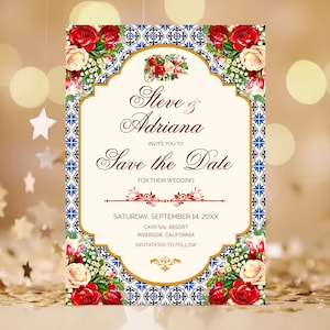 Puede incluir: Una tarjeta rectangular de save the date para boda con centro crema y texto rojo oscuro que dice Steve & Adriana, Save the Date, Saturday, September 14, 20XX, Cayo Sal Resort, Riverside, California. El borde tiene patrones de azulejos azules y rosas rojas.