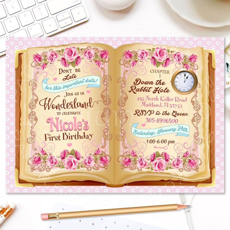 Storybook Party Backdrop Alice in Wonderland Backdrop Dessert Table Banner Down the Rabbit Hole Any Age or Wording Printable File