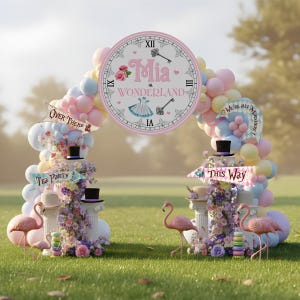 Alice in Wonderland Large Clock Cutout for Party Decoration, Printable and Personalized Pink Stand Up Prop