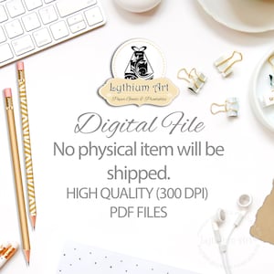 May include: A top-down view of a white desk with office supplies. Two gold pencils with pink erasers are on the left. The text "Digital File" and "No physical item will be shipped" are visible. The image includes a logo that says "Lythium Art Paper Goods & Printables".