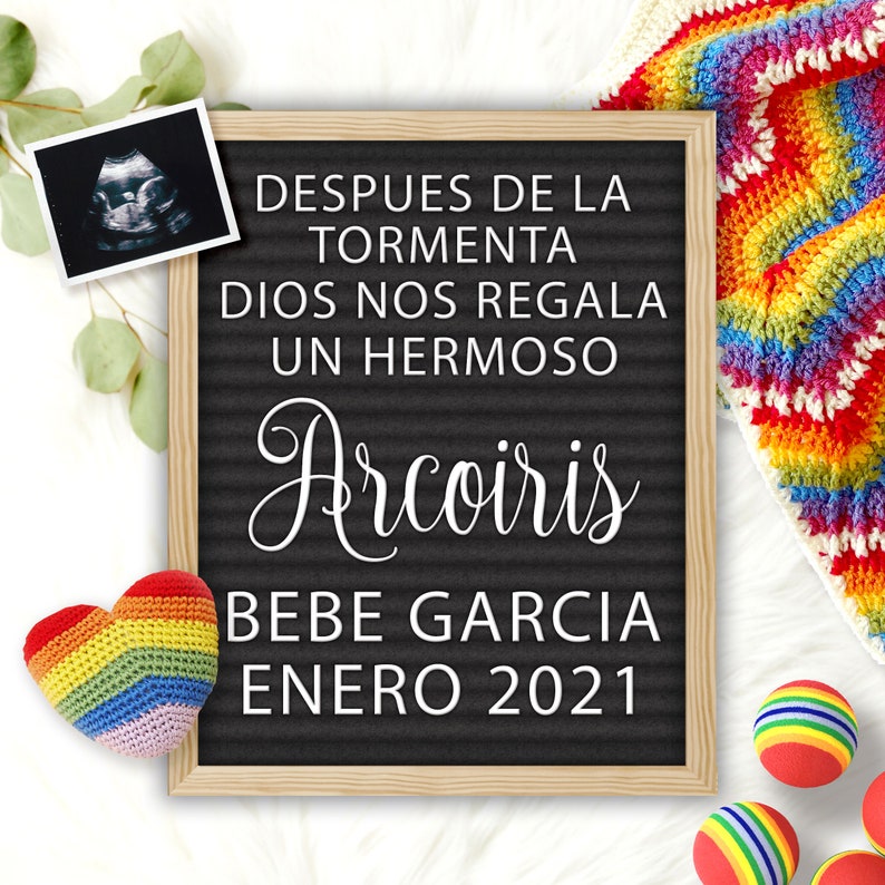 May include: A black letter board with white text announcing the birth of a baby named Arcoiris Garcia in January 2021. The text reads "DESPUES DE LA TORMENTA DIOS NOS REGALA UN HERMOSO Arcoiris BEBE GARCIA ENERO 2021".