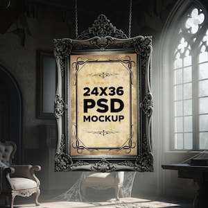 May include: A large, ornate, rectangular picture frame with the text "24X36 PSD MOCKUP" in black. The frame is dark gray with intricate detailing and is suspended from chains. The background is a dimly lit room with antique furniture.