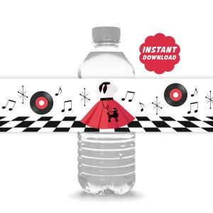 May include: Water bottle label featuring a black and white chequered pattern, a red skirt with a white top, a black poodle, a black and white record, and musical notes. The text "INSTANT DOWNLOAD" is in a red cloud.