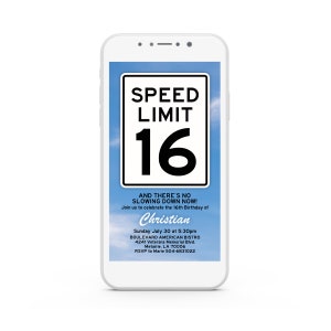 Speed Limit 16 Digital Invitation, Sixteen Birthday Party Evite, Adult ...