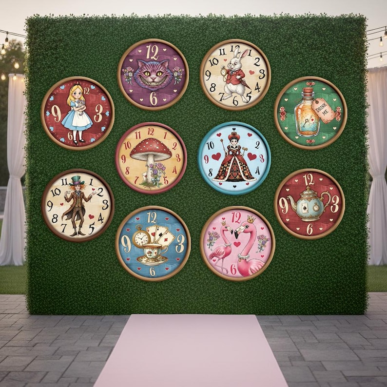 May include: A collection of ten round clocks with Alice in Wonderland-themed designs. Each clock features a different character or element from the story, including Alice, the Cheshire Cat, and the White Rabbit. The clocks are mounted on a green hedge backdrop.