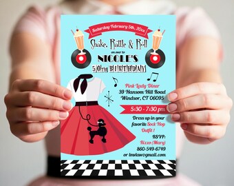 50's Sock Hop Party Invitation, Diner Birthday Party Invite, Back Design and Thank you Card Included