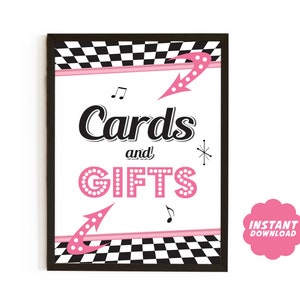 Cards and Gifts Party Sign, 50s Sock Hop Party Decor, Retro Gifts Printable Sign, 1950s Birthday Party Decor, Diner Sign Instant Download