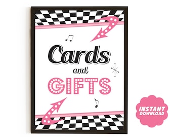 Cards and Gifts Party Sign, 50s Sock Hop Party Decor, Retro Gifts Printable Sign, 1950s Birthday Party Decor, Diner Sign Instant Download