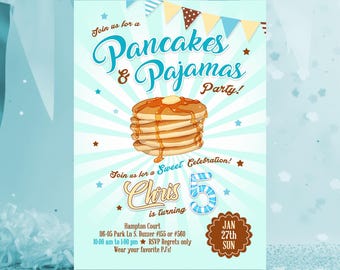 Pfannkuchen und Pyjamas Einladung, Perfekt für Pyjama-Party oder Familienfeier, Digital