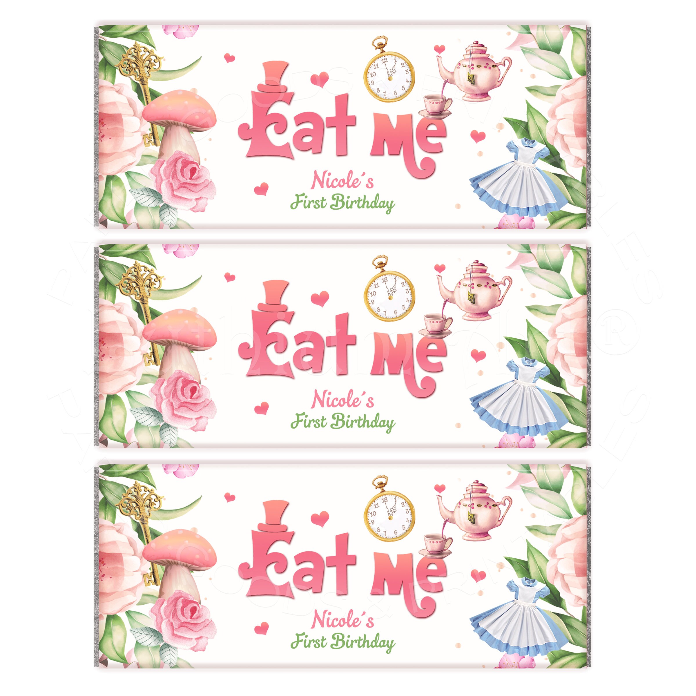 ALICE IN WONDERLAND Candy Bar Wrappers, Printable and Personalized Eat ...