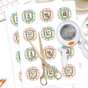 May include: Two sheets of white paper with printed Alice in Wonderland themed round stickers. The stickers feature images of Alice, the White Rabbit, and the Queen of Hearts. Some stickers have text that reads "This One Makes You Taller" and "Eat Me".