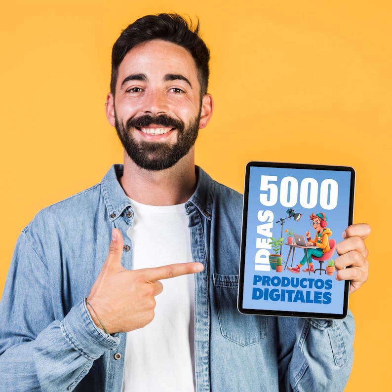 May include: A man in a blue denim shirt is holding a tablet displaying a graphic with the text "5000 IDEAS PRODUCTOS DIGITALES". The graphic also features a cartoon illustration of a person working on a laptop.