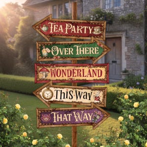 Könnte beinhalten: Ein hölzerner Wegweiser mit fünf pfeilförmigen Schildern. Die Schilder zeigen in verschiedene Richtungen und tragen die Aufschriften "Tea Party", "Over There", "Wonderland", "This Way" und "That Way". Jedes Schild hat dekorative Ränder und Illustrationen.