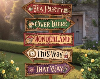 Alice in Wonderland Directional Arrows, Printable Storybook Style Party Signs, Retro Vintage Decor